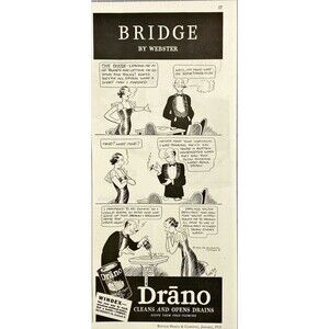 Drano/Windex "Cleans and Opens Drains" Bridge Cartoon Vintage Print Ad 1936